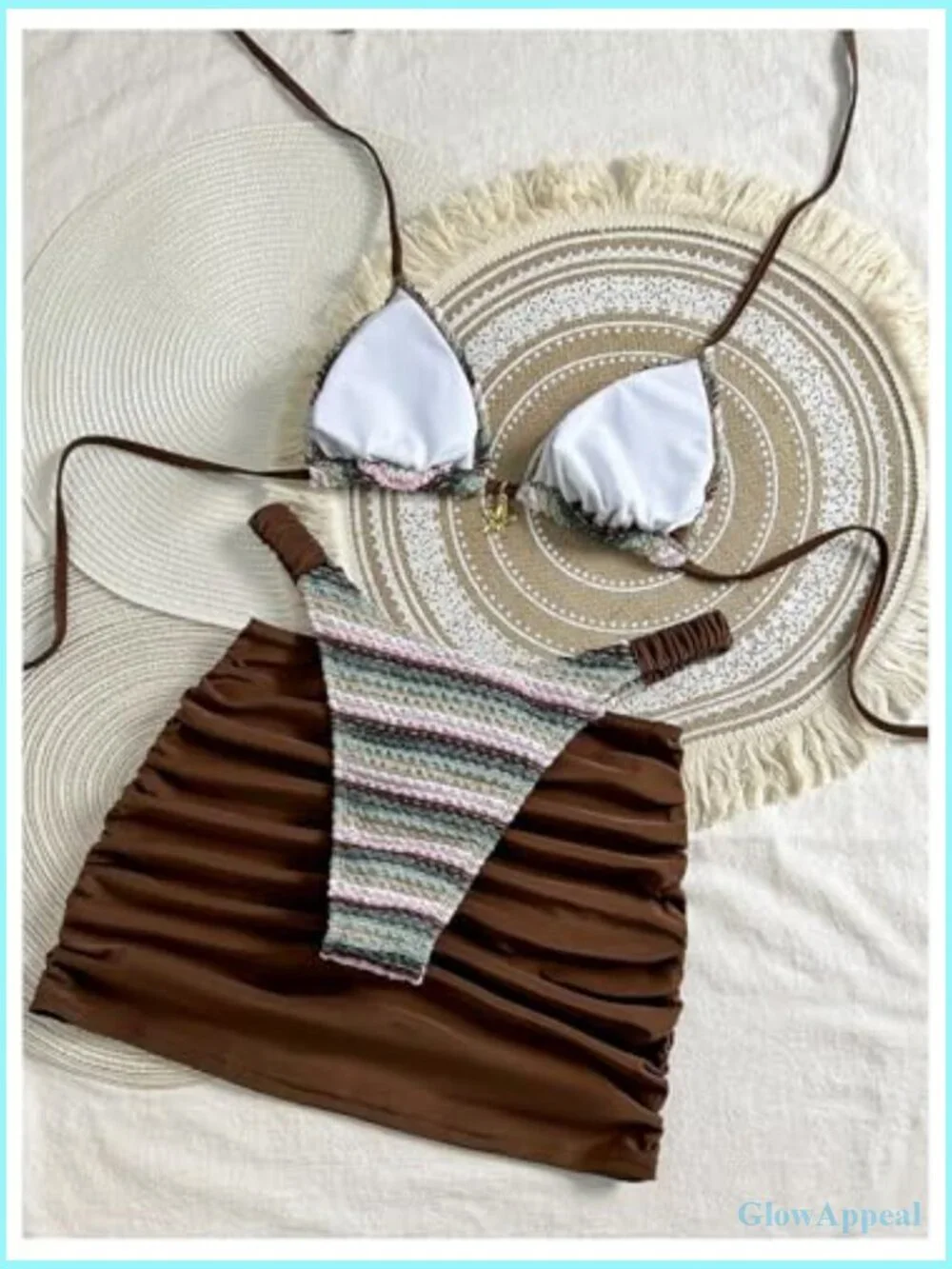 3 Piece Knit Striped Triangle High Cut Bikini Set with Cover Up Skirt